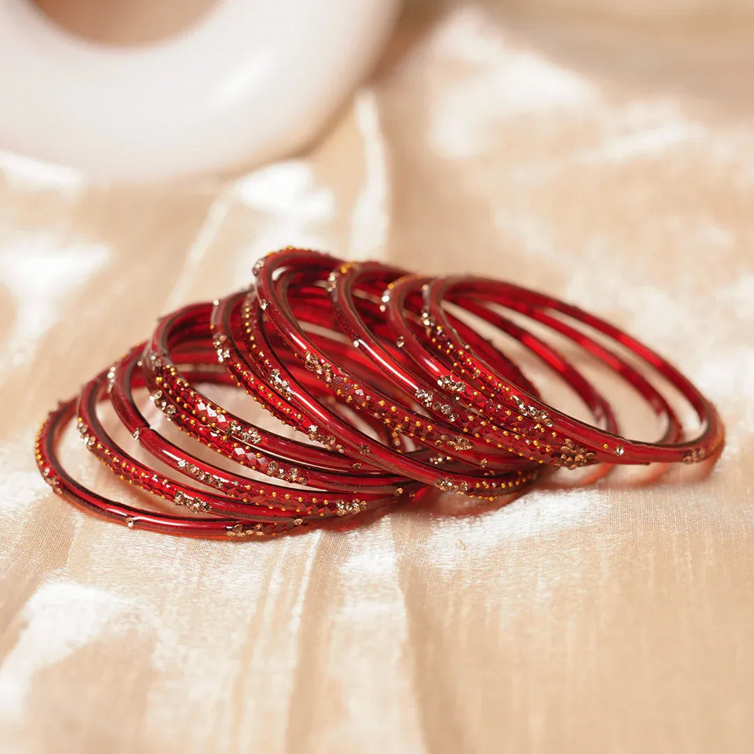 Stylish Traditional Glass Bangle with Beads Studded for Women & Girls (Pack of 12 Bangles) - The Golden Cascade